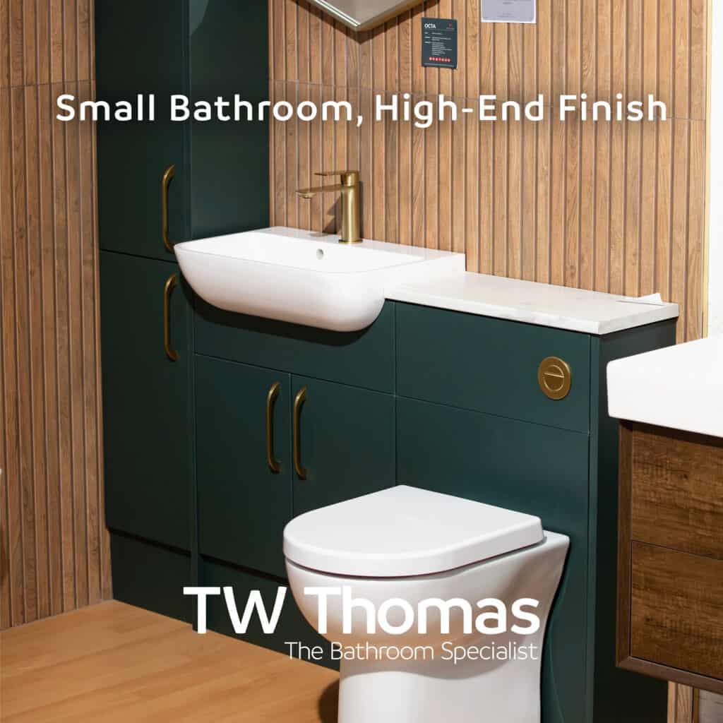 A dark green fitted vanity run with a white countertop basin, brushed brass tap and back-to-wall WC against ribbed wood panelling, captioned Small Bathroom, High-End Finish