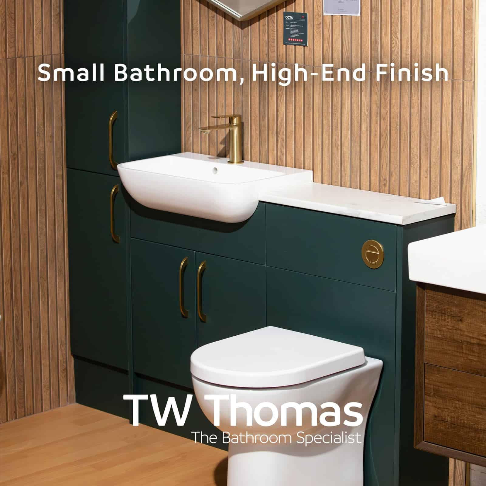 A dark green fitted vanity run with a white countertop basin, brushed brass tap and back-to-wall WC against ribbed wood panelling, captioned Small Bathroom, High-End Finish