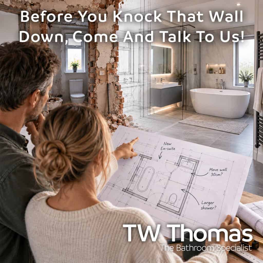 A couple reading a bathroom floor plan marked with handwritten notes, the room behind them half stripped to brick and half finished, captioned Before You Knock That Wall Down, Come And Talk To Us