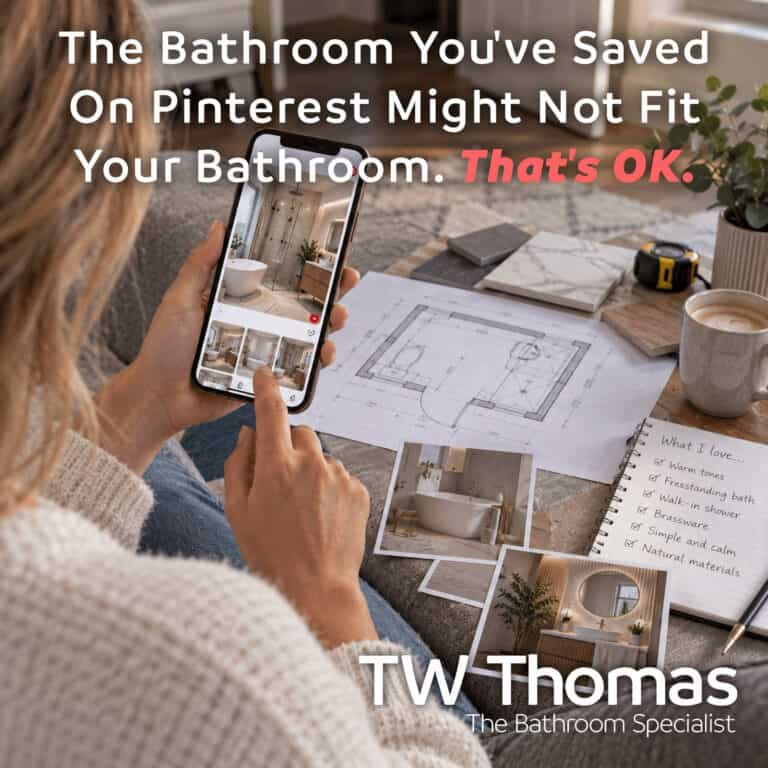 A woman holding a phone showing a bathroom photograph above a floor plan, tile samples and a tape measure, captioned The Bathroom You've Saved On Pinterest Might Not Fit Your Bathroom. That's OK