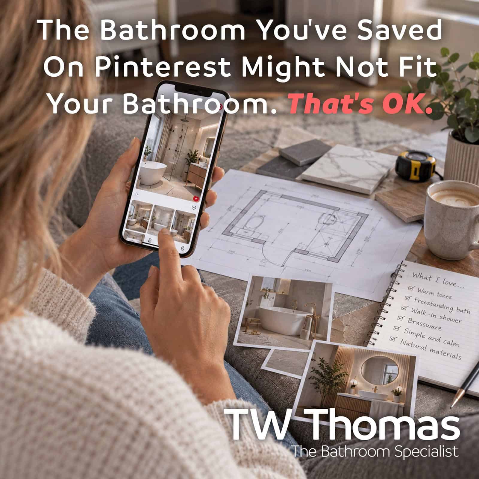 A woman holding a phone showing a bathroom photograph above a floor plan, tile samples and a tape measure, captioned The Bathroom You've Saved On Pinterest Might Not Fit Your Bathroom. That's OK