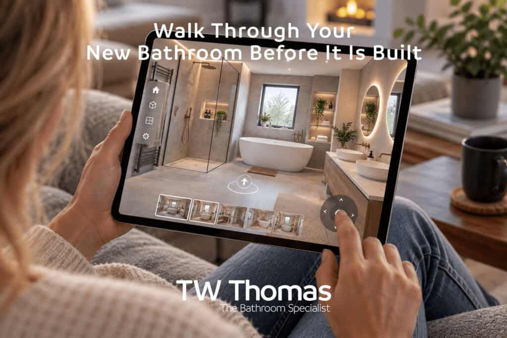 A woman holding a tablet showing a three-dimensional walkthrough of a finished bathroom, captioned Walk Through Your New Bathroom Before It Is Built
