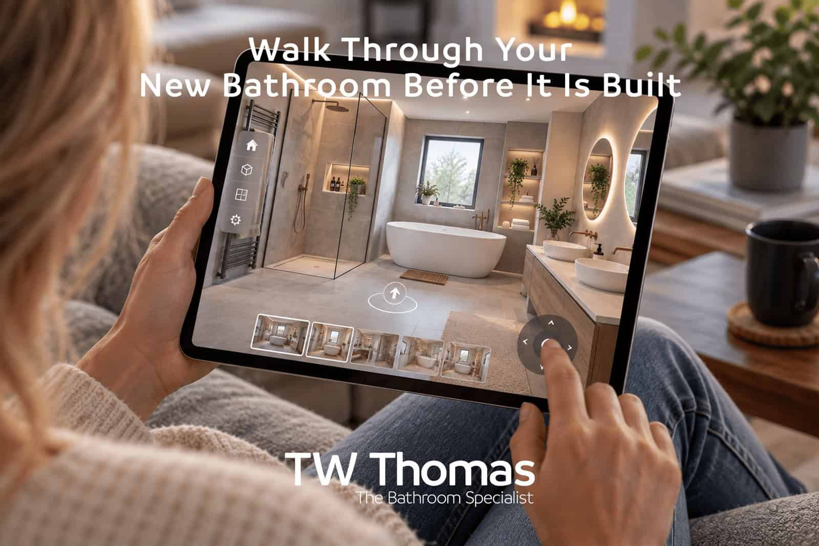 A woman holding a tablet showing a three-dimensional walkthrough of a finished bathroom, captioned Walk Through Your New Bathroom Before It Is Built
