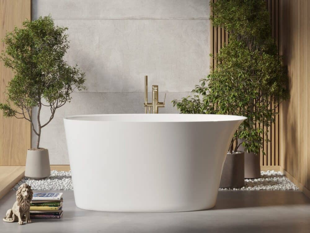 Adamsez Lewis freestanding bath in a bathroom with olive trees and a slatted wood wall