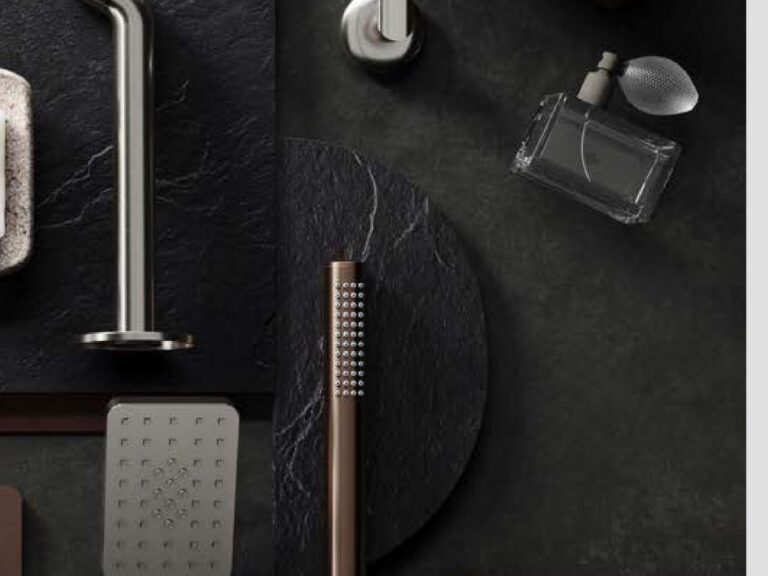 Aqualla shower handset, head and accessories in brushed bronze and brushed nickel on slate