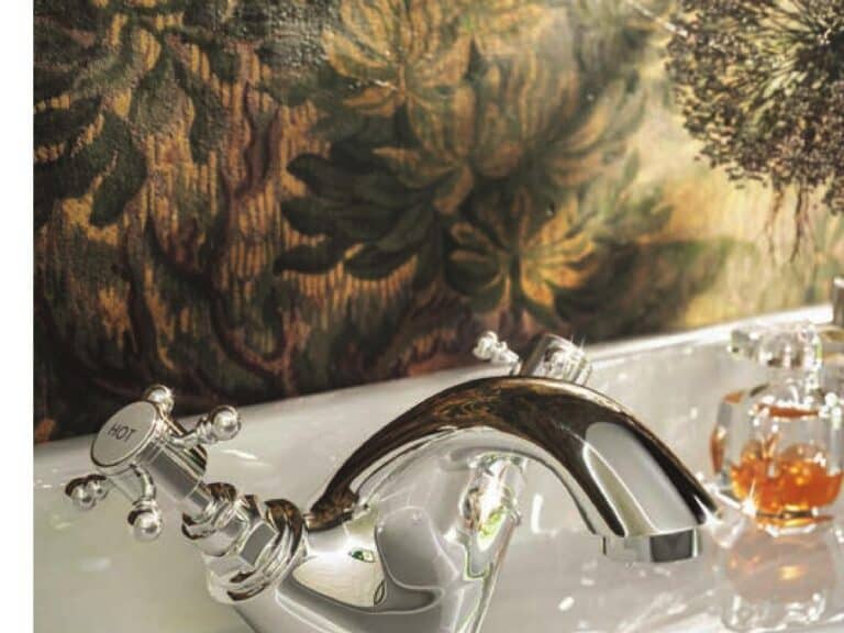 Aqualla Georgia traditional crosshead basin mixer in chrome on a white basin