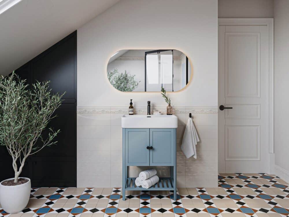 Armera basin mixer on a blue cloakroom vanity with a patterned tiled floor