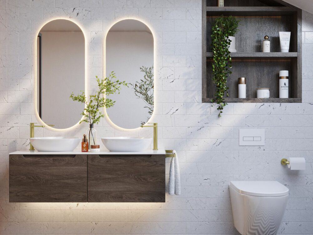 Armera Atoll walnut double vanity unit with twin countertop basins and two oval backlit mirrors in an attic bathroom