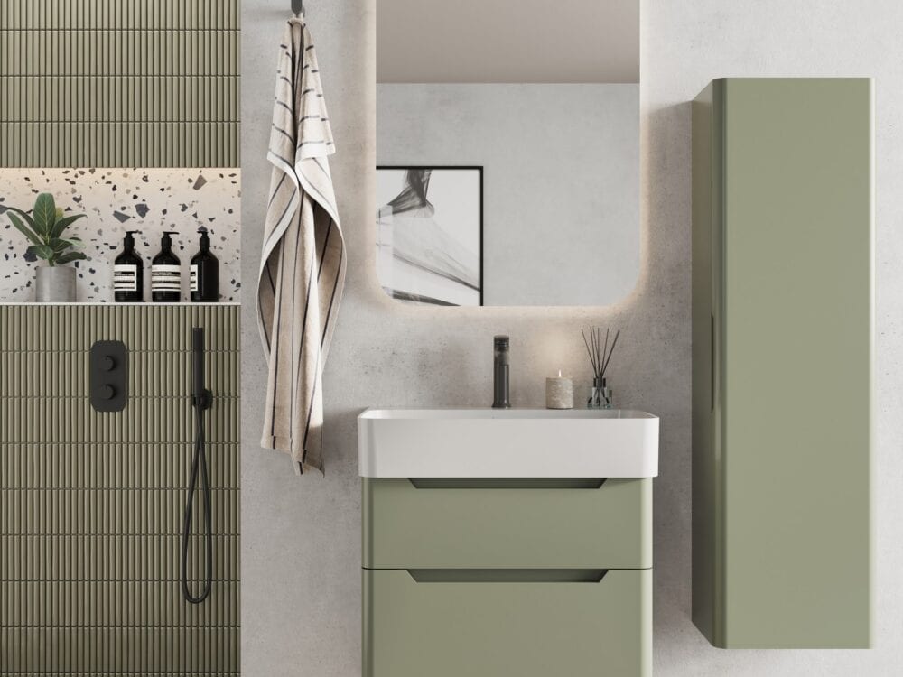 Armera Reef vanity and tall unit in Claypit green with a backlit mirror and black showering