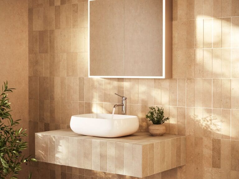 Countertop vessel basin on a tiled vanity shelf