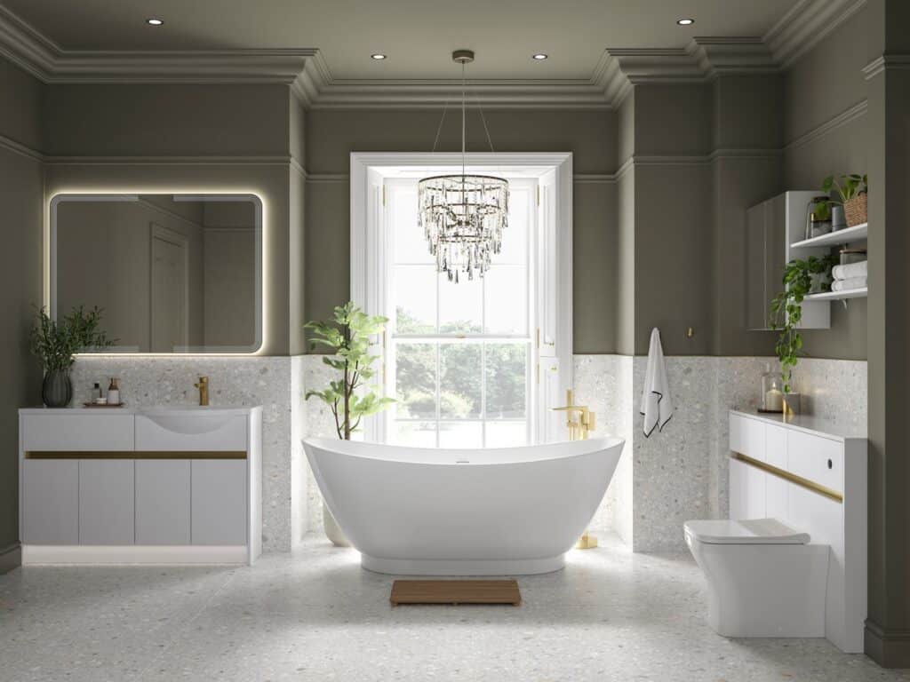 Bathroom suite with freestanding bath, white vanity unit and back-to-wall toilet