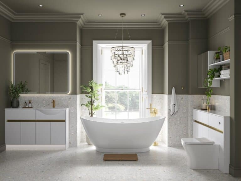 Bathroom suite with freestanding bath, white vanity unit and back-to-wall toilet
