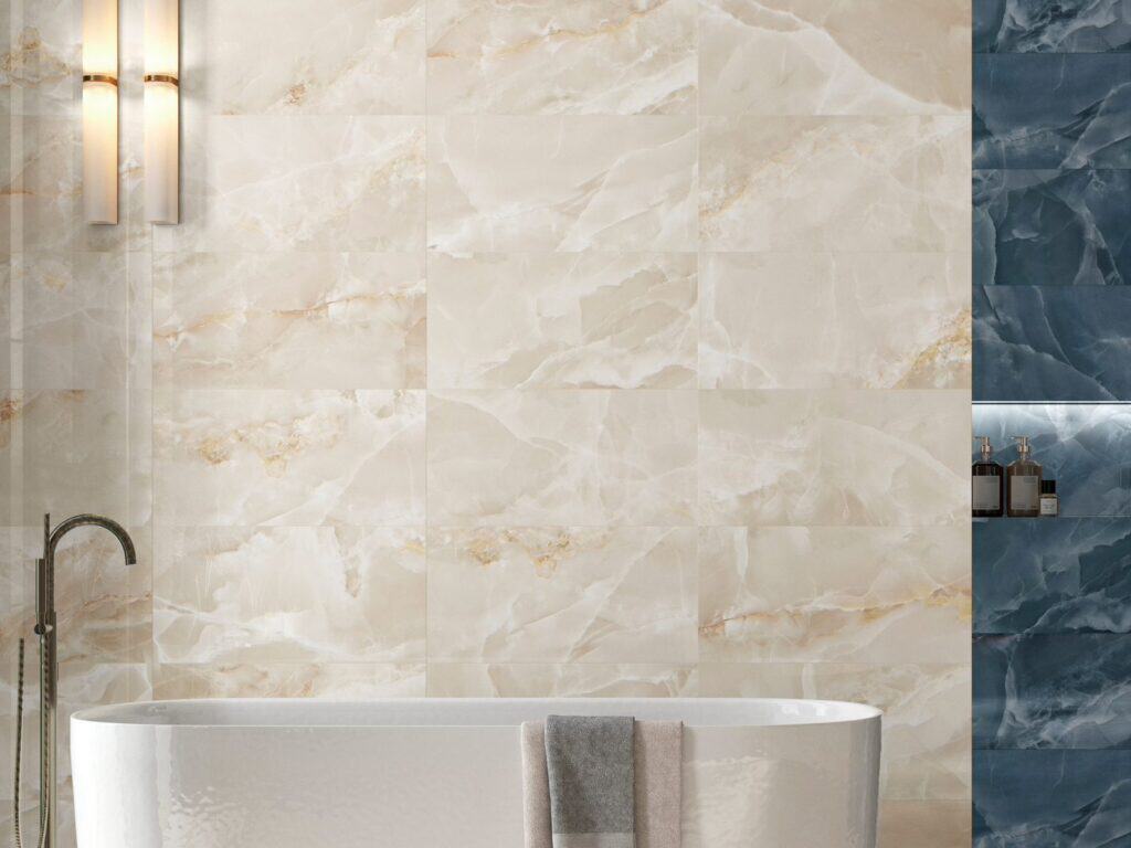 Ivory gloss marble-effect bathroom tiles with a blue feature panel