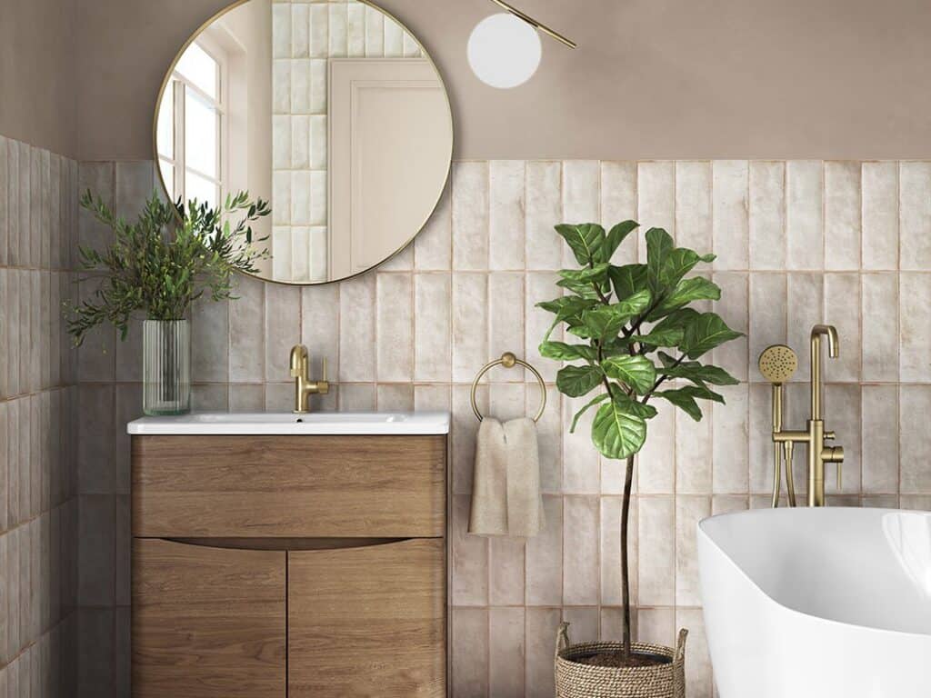 MyLife Zola medium oak floor-standing vanity unit with round mirror and brass tap