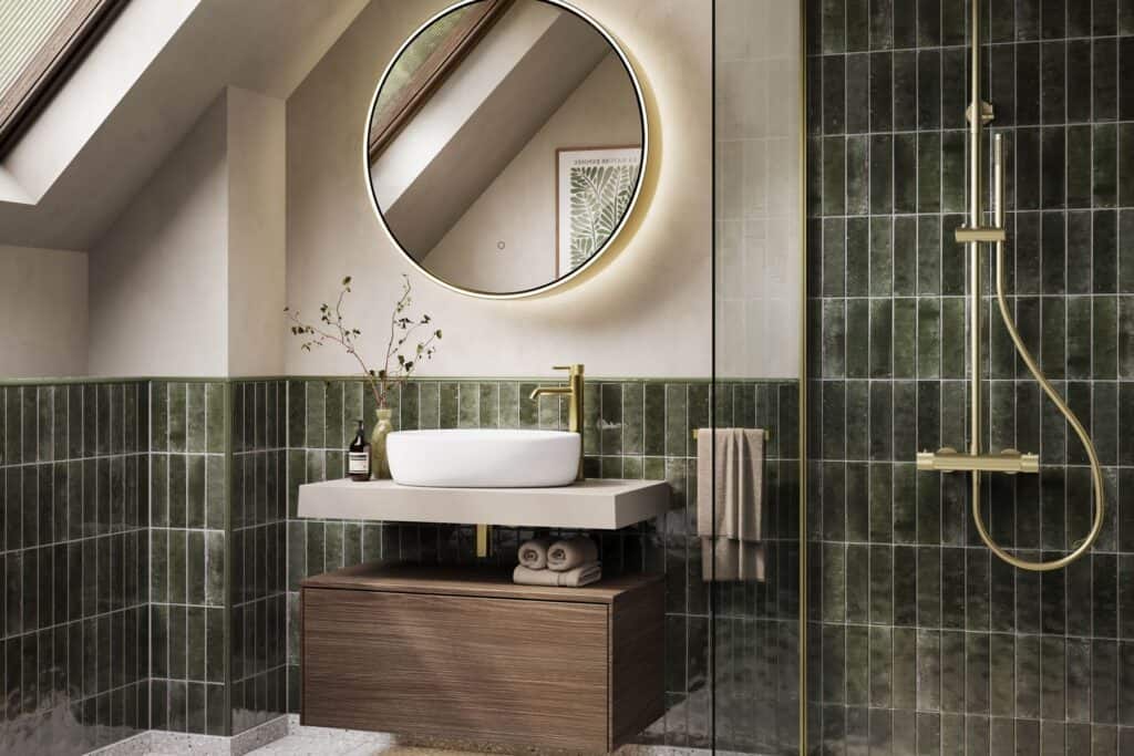 Auryn brushed brass LED mirror cabinet above a Lincoln Walnut Pennine basin unit with a Meva countertop, against dark green tiles