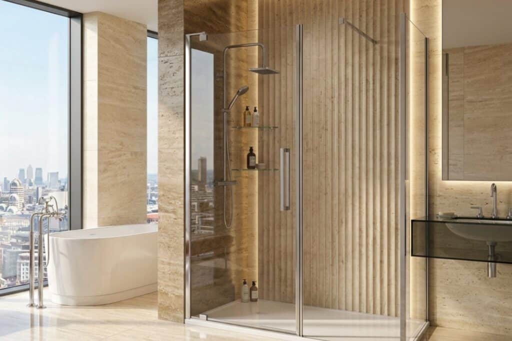 Merlyn 10 Series shower enclosure in a city apartment bathroom with a freestanding bath