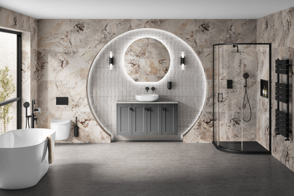 MyLife bathroom with a circular illuminated mirror alcove, freestanding bath, wall-hung WC and a black-framed walk-in shower in a marble setting