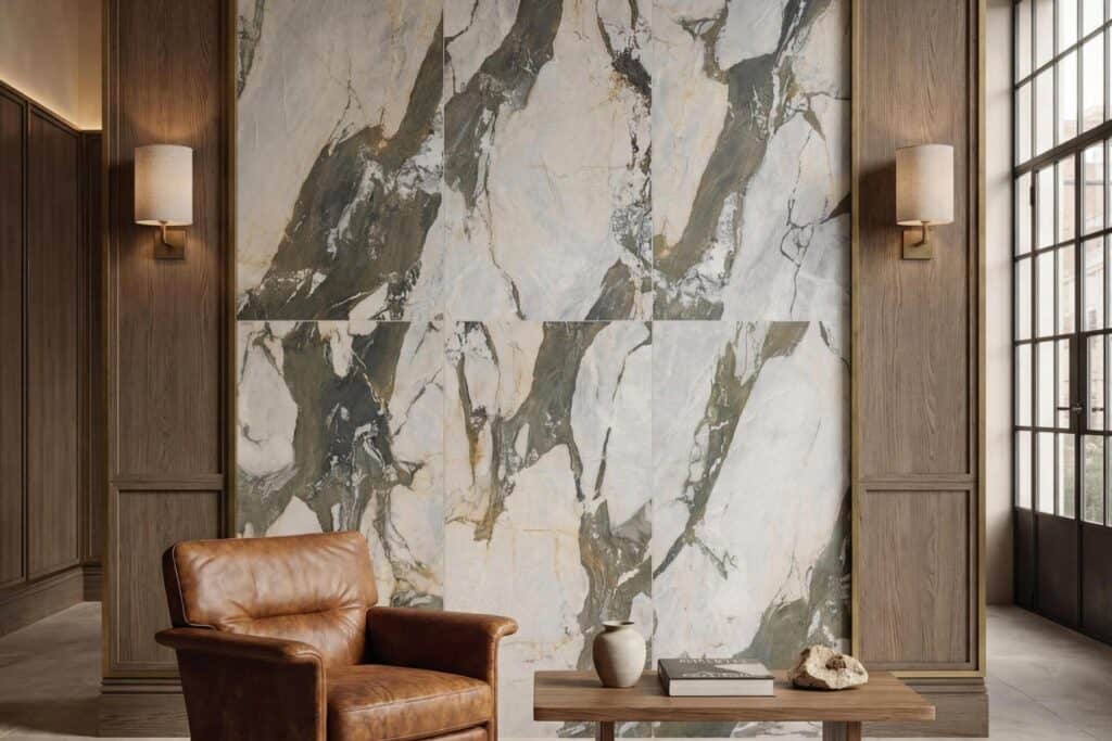 A book matched marble effect porcelain feature wall in a living space