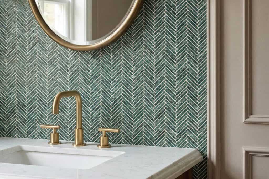 A green herringbone tiled wall above a timber vanity unit and basin