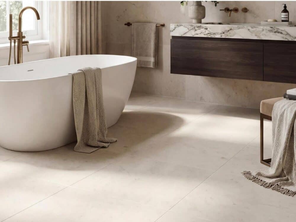 A pale honed porcelain bathroom with a freestanding bath