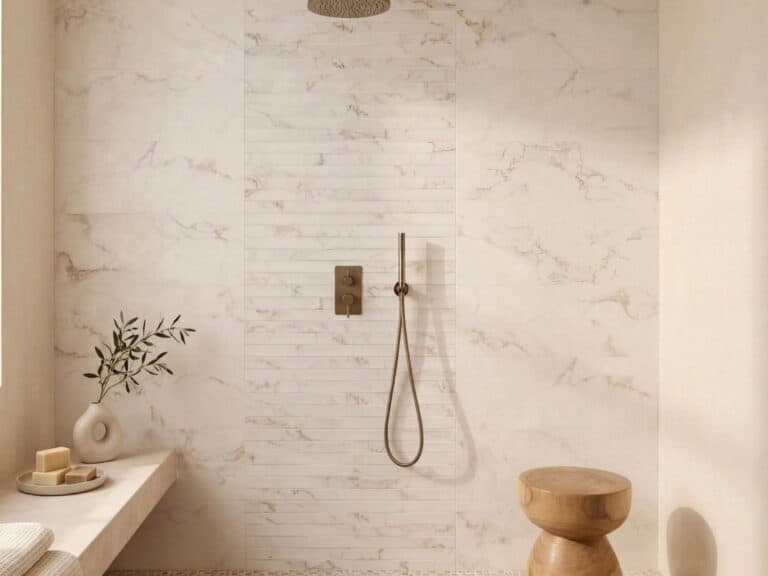 A travertine effect ceramic tiled shower wall with a brass shower