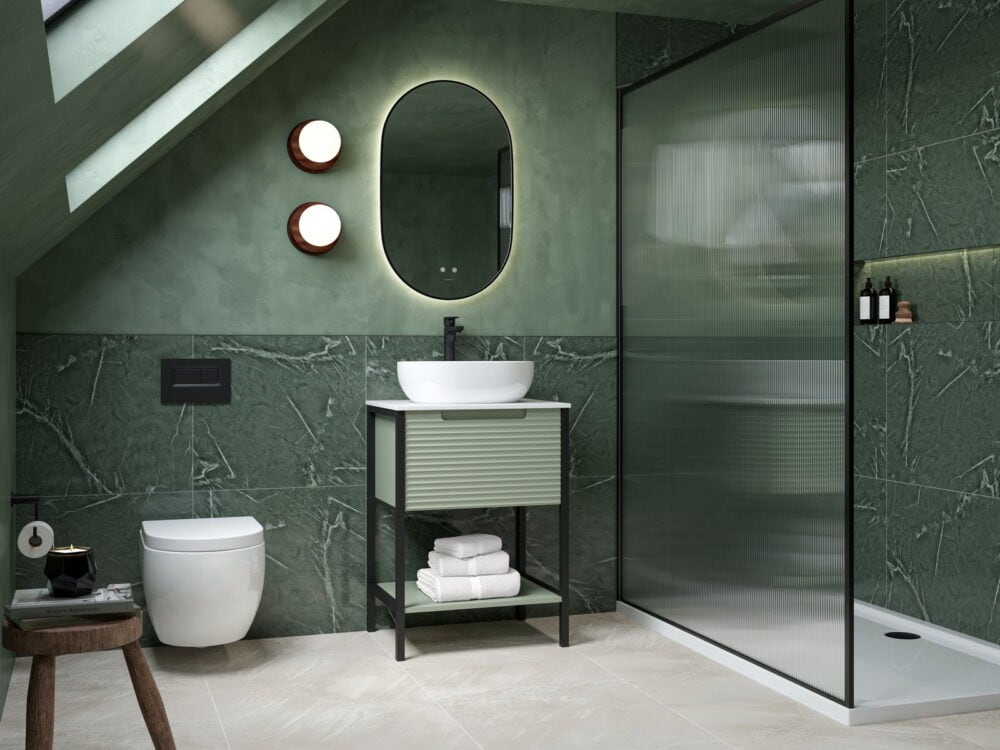 Calypso Valor framed vanity in cypress with a countertop bowl and wall-hung WC against green marble