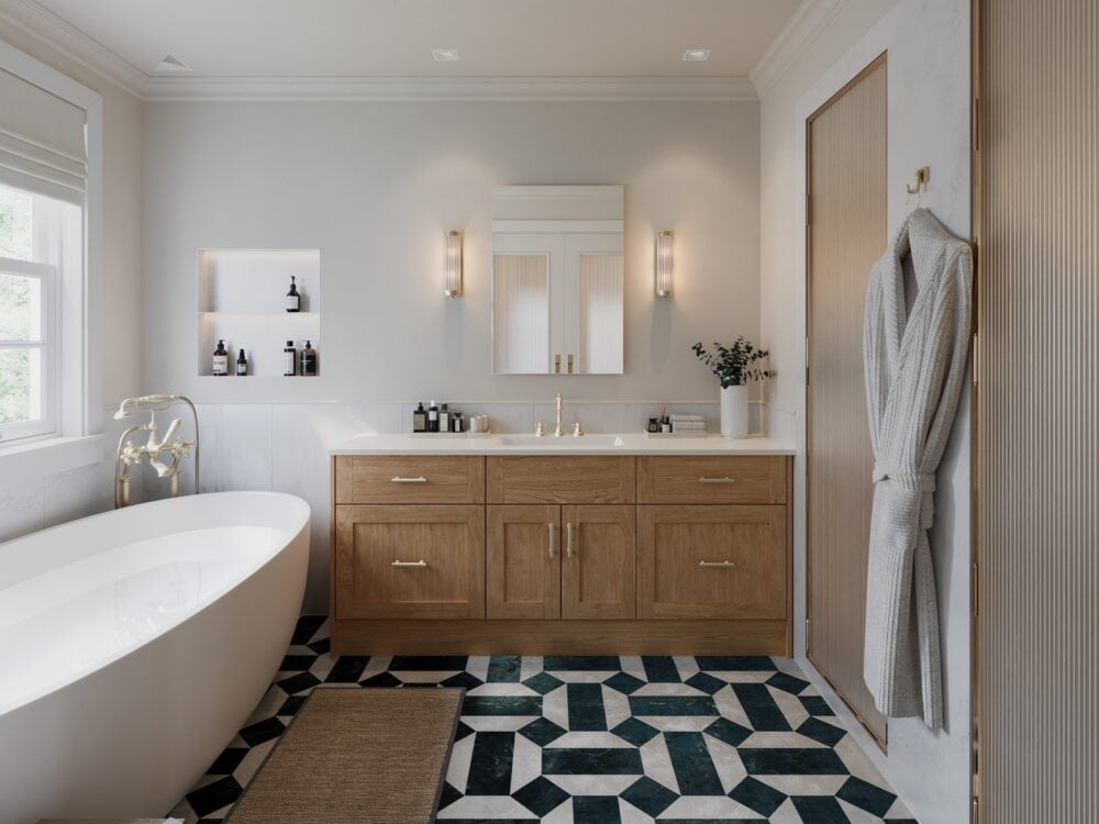 Calypso solid oak double vanity with twin basins, a freestanding bath and a bold geometric floor