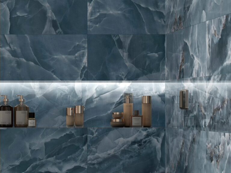 Craven Dunnill Cavella blue gloss marble-effect wall tiles with a recessed shelf