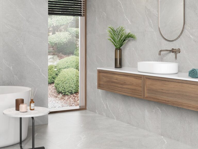 Craven Dunnill Tribeca ash matt tiles in a bathroom with a floating walnut vanity