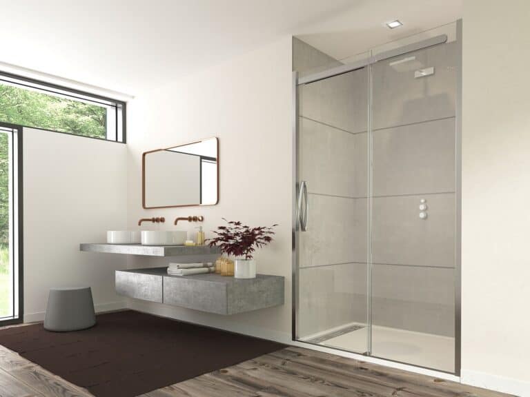 Flair ORO sliding shower door in an alcove with a marble wall and timber shelf