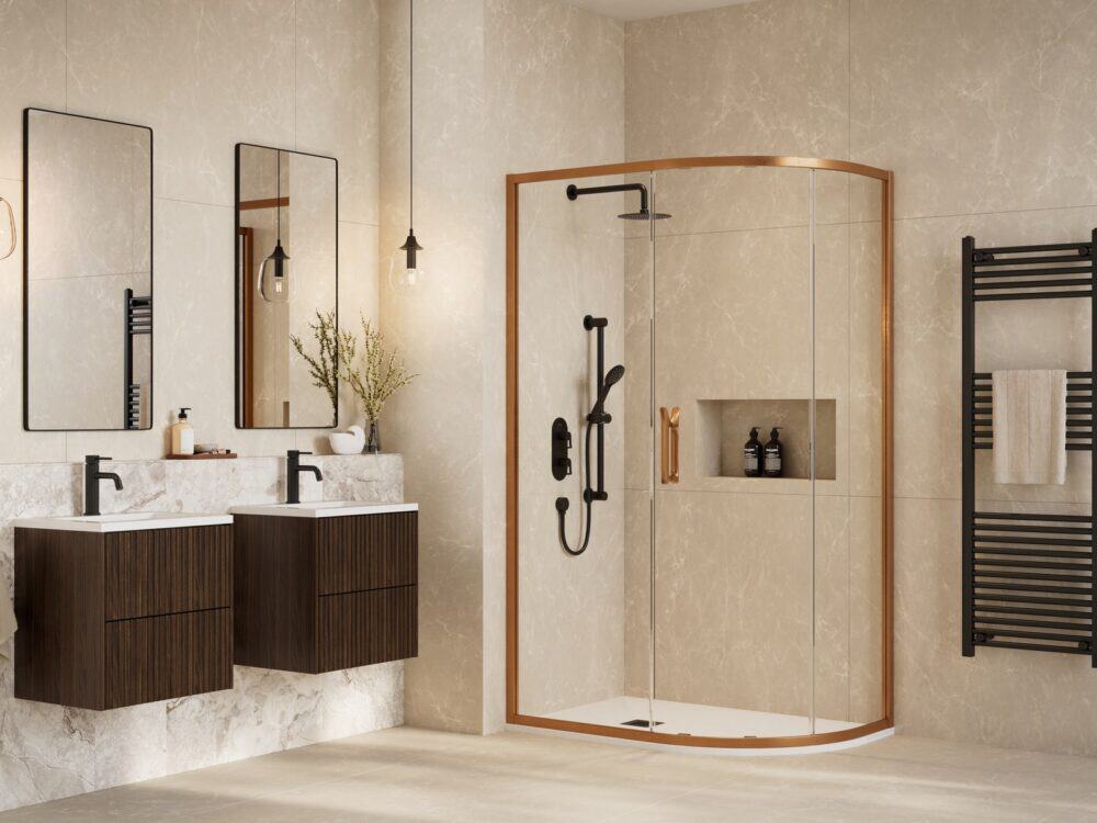 Flair AYO wetroom panel with angled stabilising bar against green metro tiles