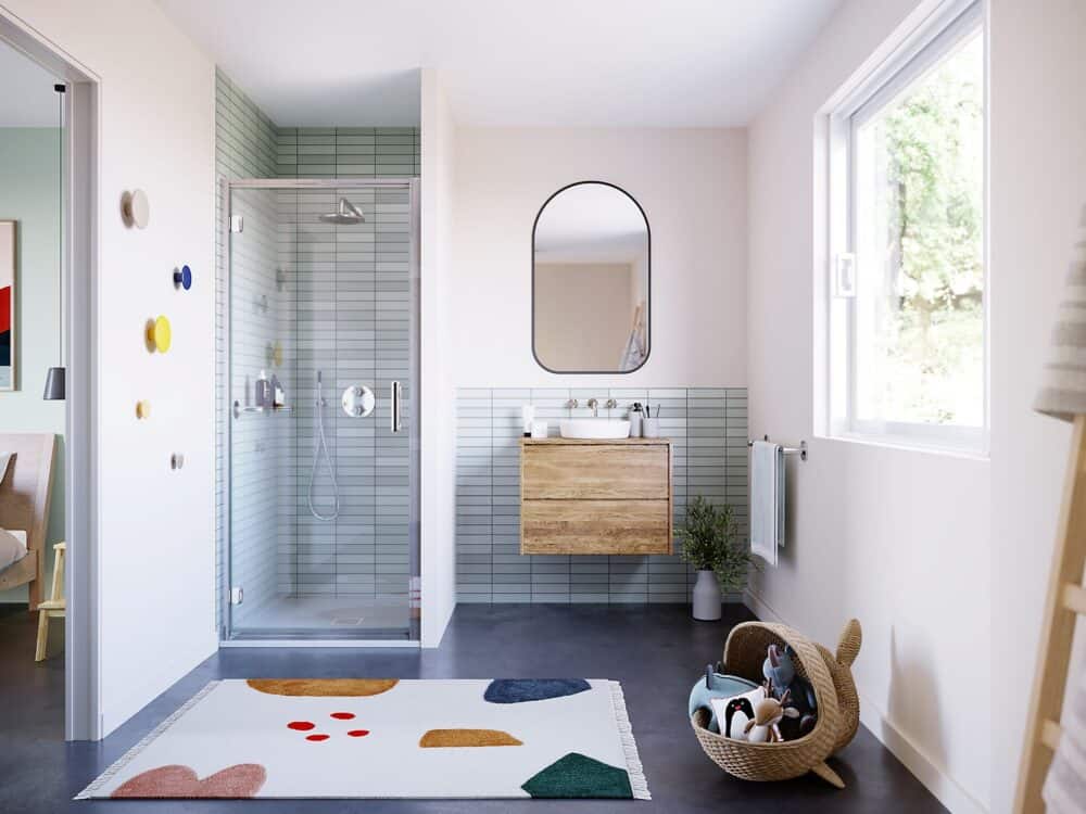 Flair ILI hinge shower door in silver chrome in a bright family bathroom