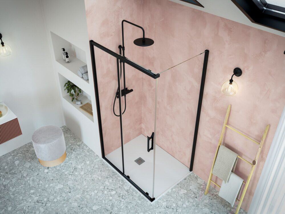 Flair AYO fluted glass wetroom panel in brushed brass in a marble-tiled bathroom