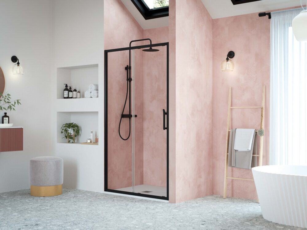 Flair AYO wetroom panel in country bronze with a terrazzo-tiled wall and shower