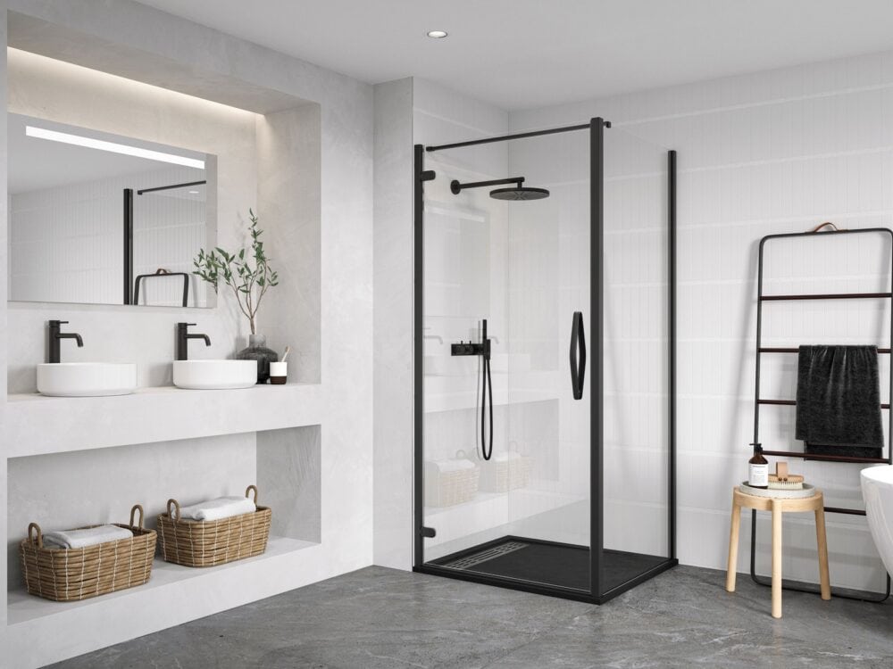 Flair ORO hinge door and side panel in matt black with a black shower tray