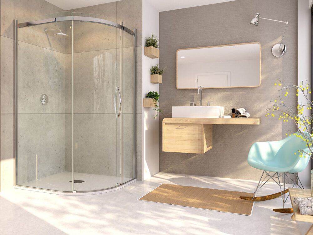 Flair ORO hinged offset quadrant enclosure in silver with an oak shelf and vanity