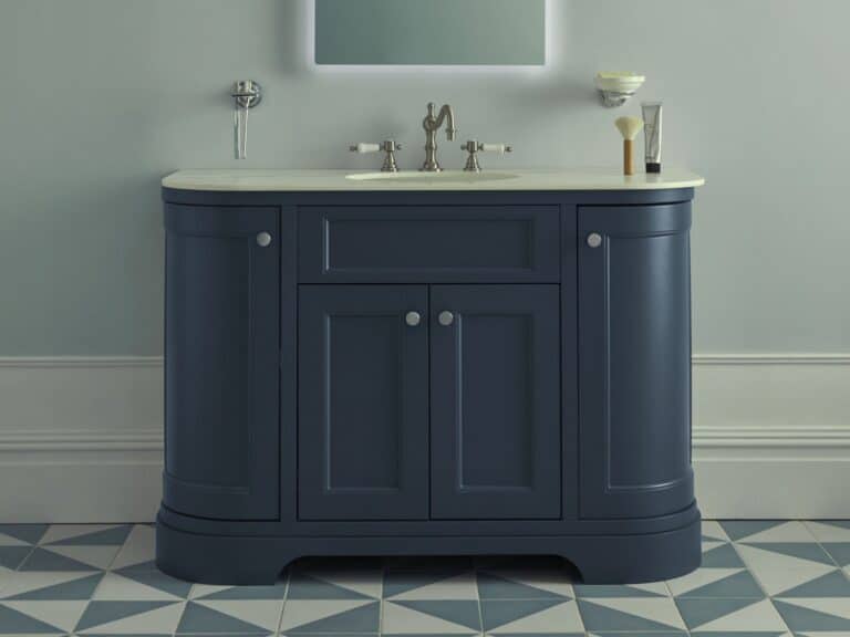 Heritage traditional cross-head basin taps on a navy vanity unit