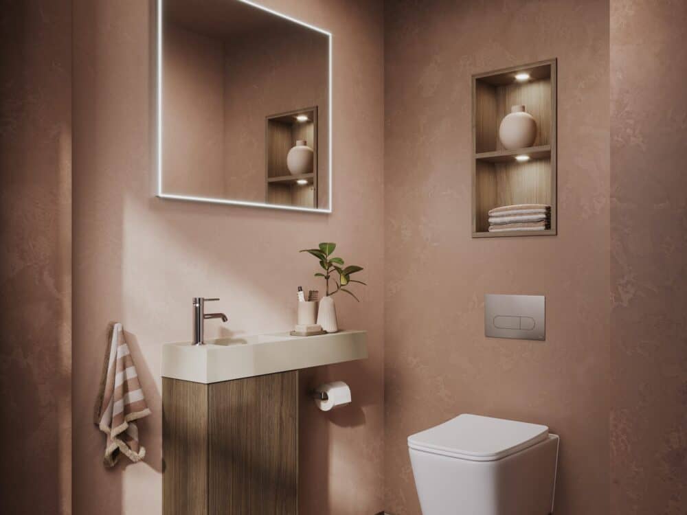 HiB Air rectangular illuminated mirror above a wall-hung basin in a taupe cloakroom