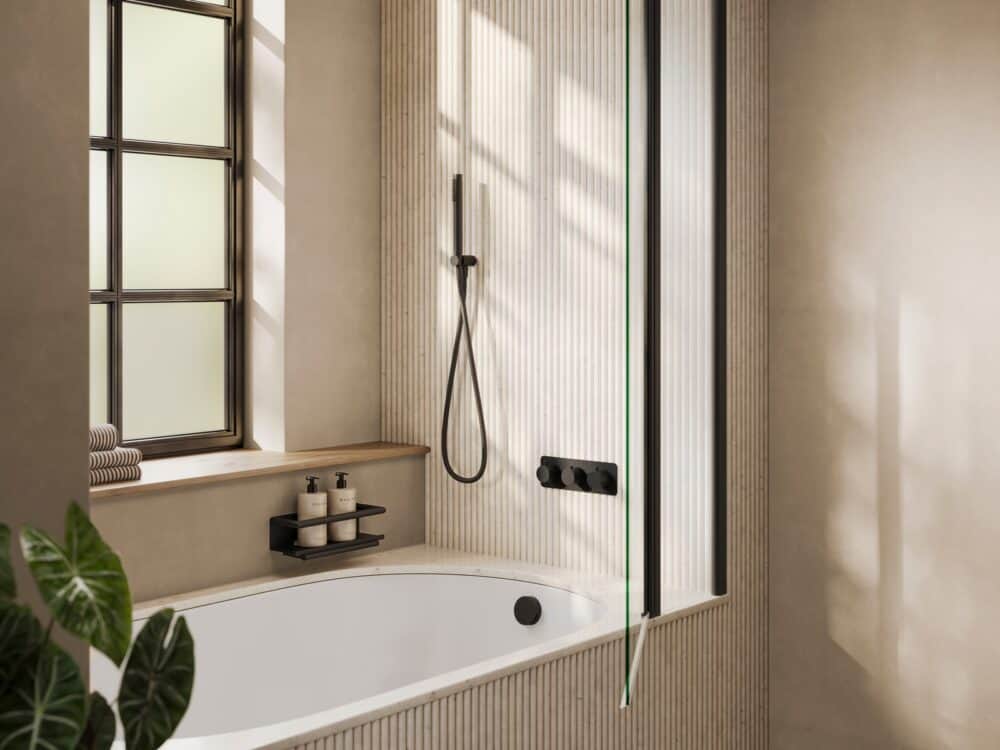 HiB black concealed shower valve and handset over a bath