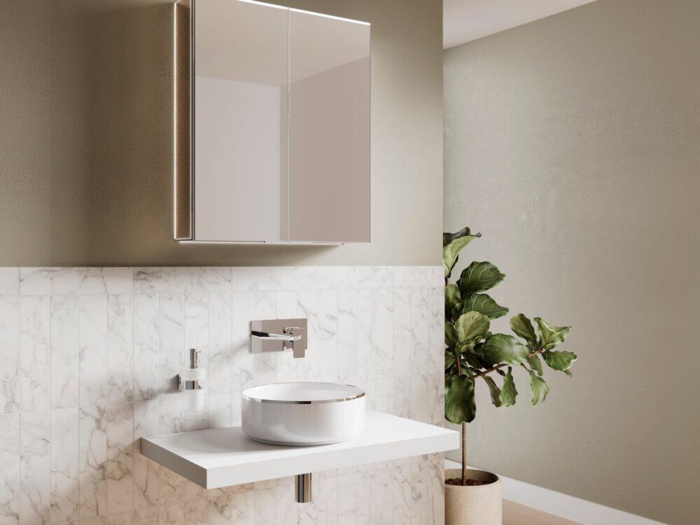 HiB Ether mirror cabinet above a wall-mounted basin with a chrome mixer
