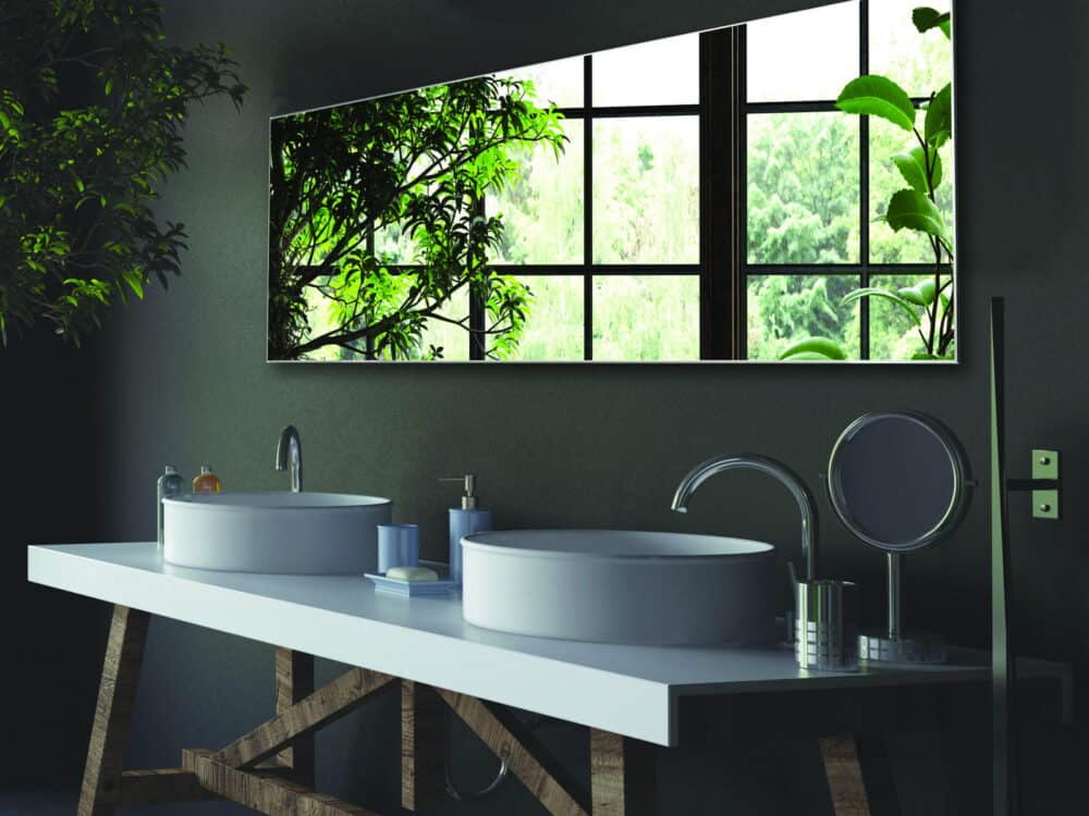 HiB Johnson mirrors above twin countertop basins on a timber frame, against dark green