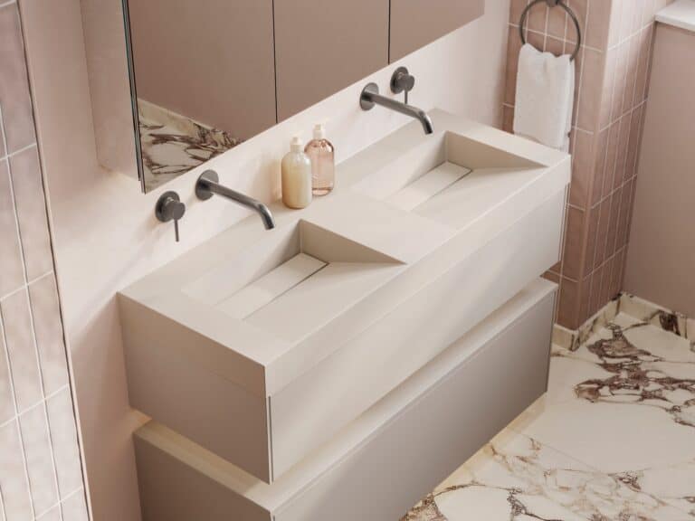 hib.inspire Meva twin countertop basin in Light Taupe on a wall-hung drawer unit