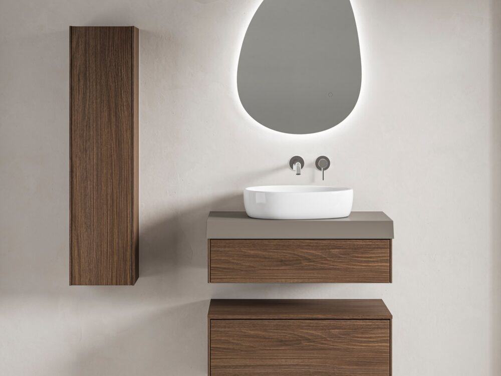 hib.inspire Pennine wall-hung basin unit and tall unit in Lincoln Walnut with a Meva countertop in Truffle Grey