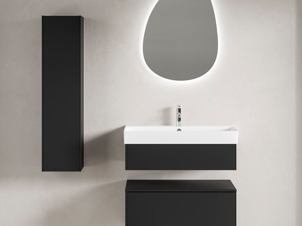 hib.inspire Pennine wall-hung basin unit and tall unit in Matt Black with a Vanya ceramic basin