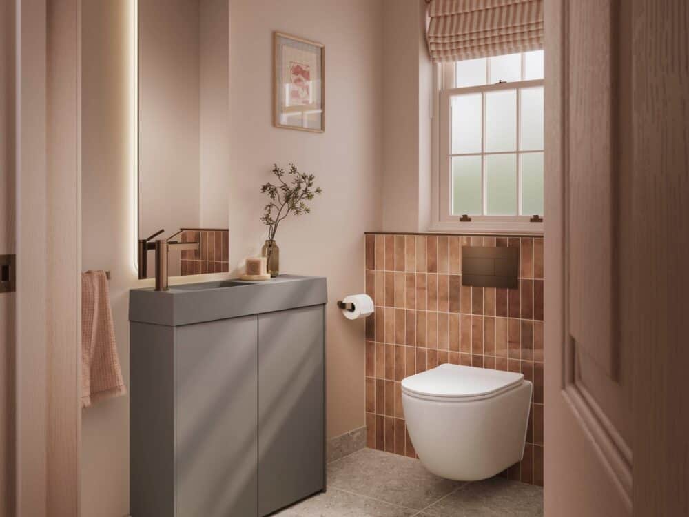 hib.inspire Pennine floor-standing cloakroom unit in Truffle Grey with a Meva basin, beside a wall-hung WC