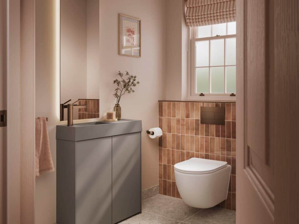 hib.inspire Pennine floor-standing cloakroom unit in Truffle Grey with a Meva basin, beside a wall-hung WC