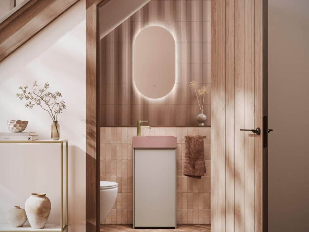 hib.inspire Pennine floor-standing cloakroom unit in Light Taupe in an under-stairs cloakroom