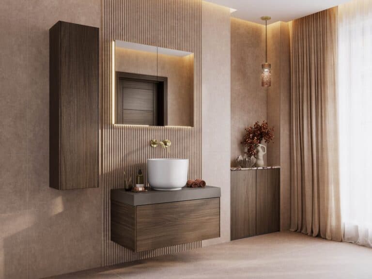 hib.inspire Pennine wall-hung basin unit and tall unit in Lincoln Walnut with a Meva countertop in Truffle Grey