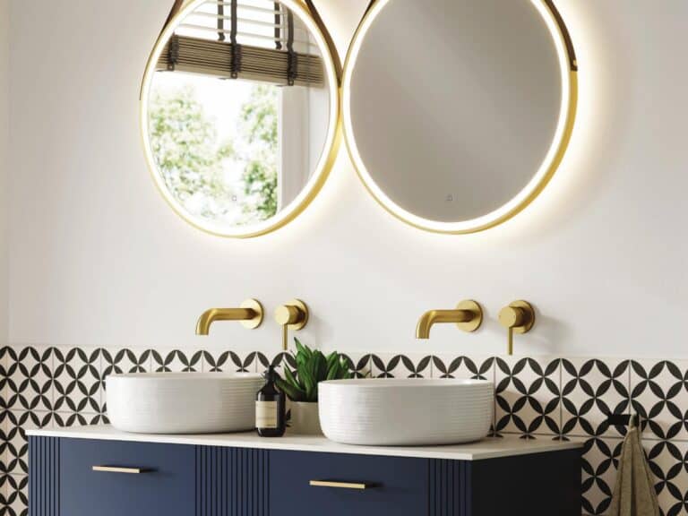 HiB Fabrica double vanity unit in blue with twin countertop basins and paired round LED mirrors