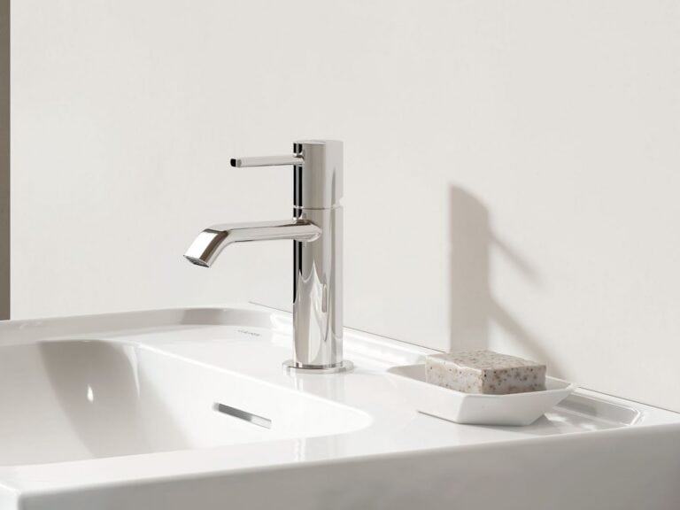 Laufen MEDA graphite washbasin with a matt black three-hole basin mixer